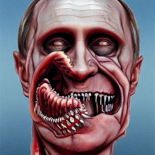 Prompt: a portrait of vladimir putin's, flesh eating worms, macabre, horror saw teeth, horror rotten teeth, peeling face skin, by junji ito and zdzisław beksinski, realistic face, visible face, digital art, artstation, symmetry