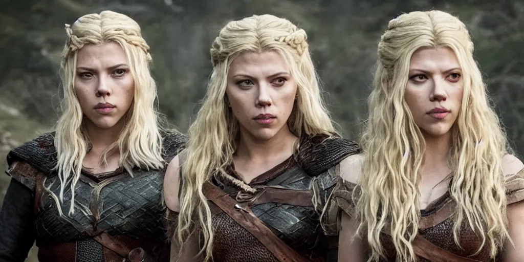 Image similar to Scarlett Johansson and Katheryn Winnick, with a scar and white hair, in the TV series Vikings