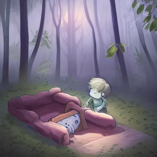 Prompt: a beautiful illustration of a sleepy little cute boy going to his bed in a beautiful forest, digital art, trending on artstation