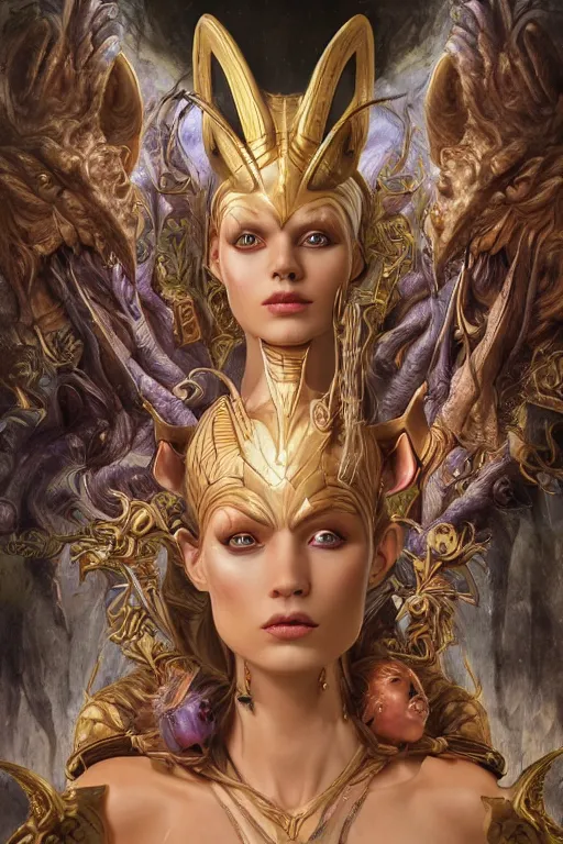 Image similar to Mystical Valkyrie, Portrait of a beautiful female Alien Atlantean Anubis Warrior, Realistic, Regal, Refined, Detailed Digital Art, François Boucher, Oil Painting, Michael Cheval, Esao Andrews, Steampunk, Walt Disney (1937), Highly Detailed, Cinematic Lighting, Unreal Engine, 8k, HD