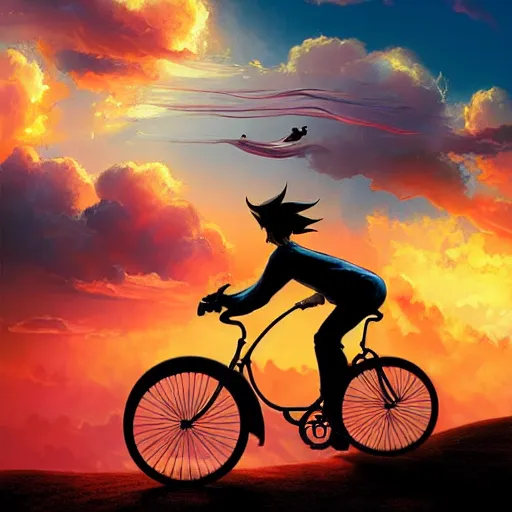 Image similar to A whimsical painting of a happy man flying in the sky on his bicycle in the clouds, beautiful flowing feeling, sunset, dramatic angle, realistic and detailed, by studio trigger, by Makoto Shinkai rossdraws and Wojtek Fus