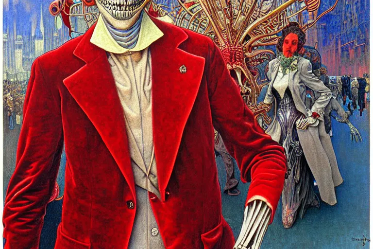 Image similar to realistic detailed closeup portrait painting of a single skeleton wearing red velvet blazer in a crowded futuristic moscow street by Jean Delville, Amano, Yves Tanguy, Alphonse Mucha, Ernst Haeckel, Edward Robert Hughes, Roger Dean, rich moody colours, blue eyes