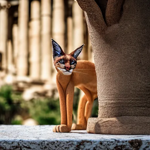 Image similar to a cinematic film still of a claymation stop motion film starring cute caracal, big wooden barrel, ancient greek city, marble temple columns, olive trees, shallow depth of field, 8 0 mm, f 1. 8