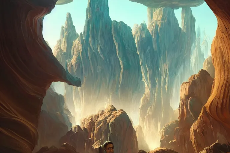 Image similar to futuristic cyberpunk city with lush garden located on rgb Antelope canyon, rocks formed by water erosion, beautiful smooth sandstone in unique shapes with light beams that shine through its walls, polish narrow slots of walls into a striated swirling finish, digital painting, concept art, smooth, sharp focus, from Star Trek 2021, illustration, by WLOP and Ruan Jia and Mandy Jurgens and William-Adolphe Bouguereau, Artgerm