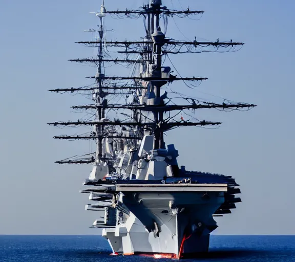 Prompt: photo of an aircraft carrier with sails, sail powered ship, 4 k, sailing mast, award winning photo