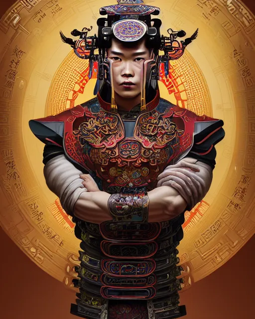 Image similar to portrait of a chinese masculine male cyberpunk machine, machine face, upper half portrait, decorated with chinese opera motifs, muscular, asian, fine china, wuxia, traditional chinese art intricate intense elegant 京 剧 highly detailed symmetry headpiece digital painting artstation concept art smooth sharp focus illustration, art by artgerm and greg rutkowski alphonse mucha 8 k