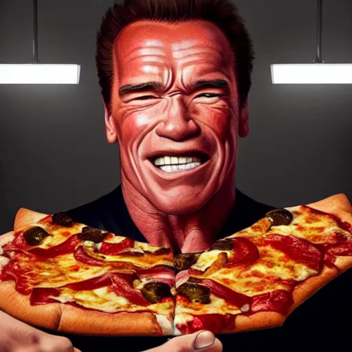 Image similar to portrait of arnold schwarzenegger opening his mouth to eat pizza, highly detailed, digital painting, artstation, concept art, sharp focus, illustration, art by artgerm and greg rutkowski and alphonse mucha