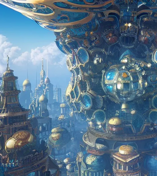 Image similar to enormous flying city in a faberge egg, sky, steampunk, fantasy art, masterpiece, unreal engine