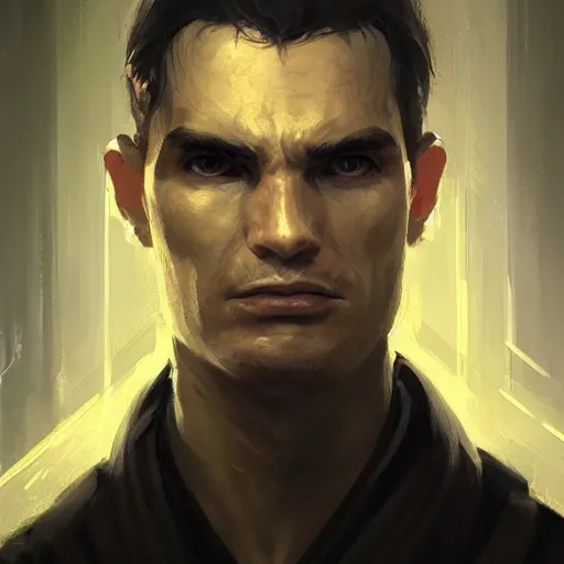 Image similar to portrait of a man by greg rutkowski, jedi knight, he looks like sam witwer wearing black jedi robes, star wars expanded universe, he is about 2 0 years old, highly detailed portrait, digital painting, artstation, concept art, smooth, sharp foccus ilustration, artstation hq