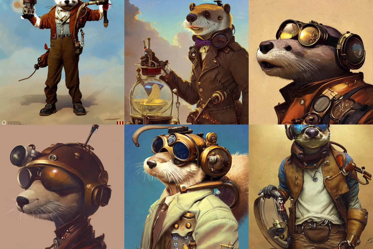 Prompt: anthropomorphic otter steampunk aviator pilot. Renowned character illustration by greg rutkowski, thomas kindkade, alphonse mucha, loish, norman rockwell. Trending on artstation. Digital Art.