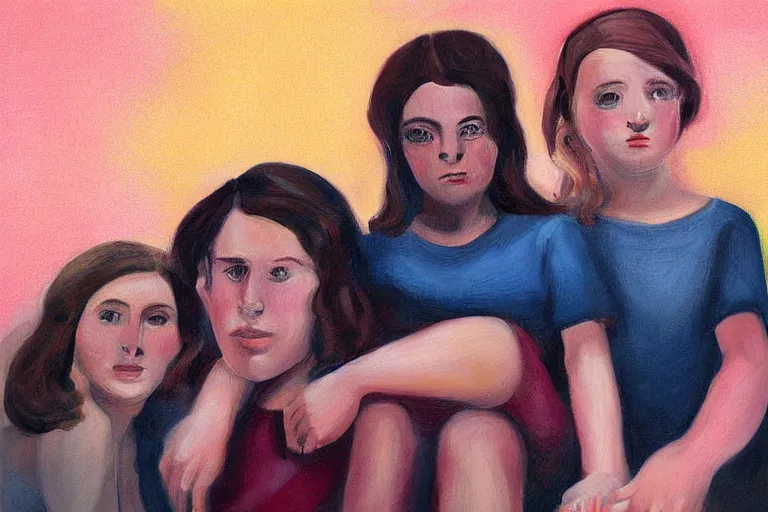 Image similar to beautiful painting of friends, beautiful faces, sitting on the edge, cute, soft light, digital painting by diane arbus