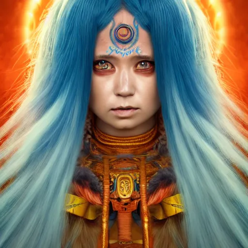 Prompt: rimuru tempest from tensura as a mayan matriarch, with amber eyes of golden colored eyes, straight hair, sky blue hair, long bangs, high collar, concept art, award winning photography, digital painting, cinematic, wlop, 8 k, by ross tran, tom bagshaw, andy warhol