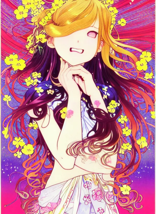 Image similar to exquisite imaginative manga poster art of a smiley girl, long wavy hair, stars, flowers, uniform, shimmering, by kojima ayami, shigenori soejima, minaba hideo, alphonse mucha, jump comics, shogakukan, art nouveau, illustration, artstation, highly detailed, 8 k, fluorescent, maximalist