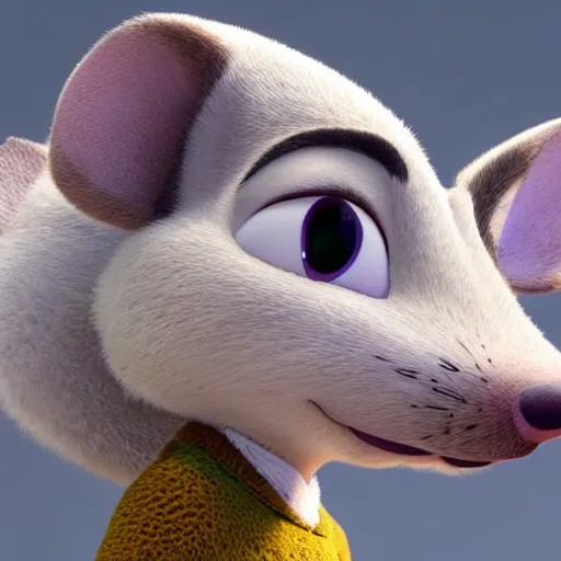 Image similar to 3 d render, portrait, headshot, closeup, anthropomorphic mouse, female, in a maxi white dress, in the style of zootopia, closeup