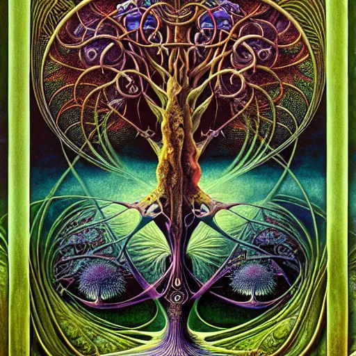 Image similar to divine chaos engine by roger dean and andrew ferez, tree of life, symbolist, visionary, art forms of nature by ernst haeckel, art nouveau, botanical organic fractal structures, surreality, detailed, realistic, deep rich moody colors