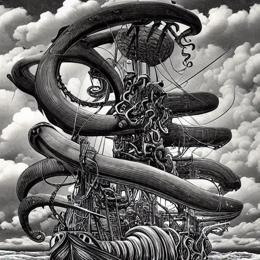 Image similar to 🤷🏽‍♂️ 🐙 a highly detailed hyperrealistic scene of a ship being attacked by giant squid tentacles, ultra realistic, jellyfish, squid attack, dark, voluminous clouds, thunder, stormy seas, pirate ship, dark, high contrast, yoji shinkawa, scary, m.c. Escher, highly detailed, brutal, beautiful, octopus arms attacking the ship from the storm, illusion, artgerm