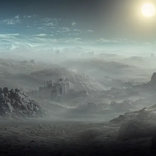 Image similar to sci-fi landscape realistic moonscape with city in distance, craters and harsh sunlight HD widescreen