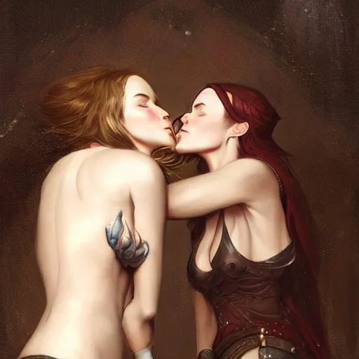 Image similar to megan fox and nicole kidman kissing each other, sharp focus, illustration, art by aenaluck and roberto ferri and greg rutkowski, epic fantasy, digital painting