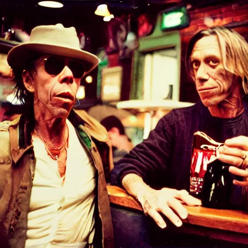 Image similar to Tom Waits and Iggy Pop in a pub by Jim Jarmush, Agfa Vista 800 film, Leica M9