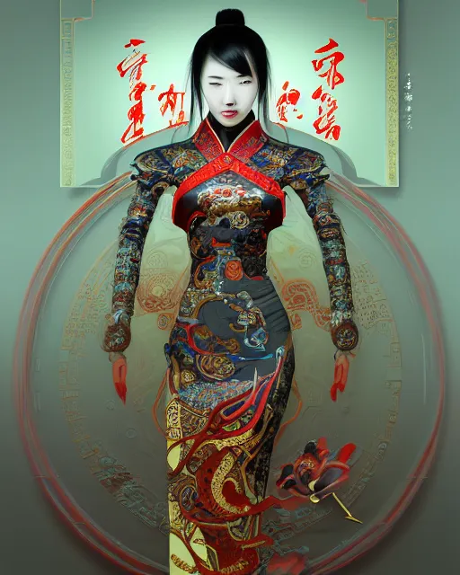 Image similar to portrait of a chinese cyberpunk machine, machine face, arms, upper half portrait, decorated with chinese opera motifs, regal, asian, fine china, wuxia, traditional chinese art intricate intense elegant 京 剧 highly detailed digital painting artstation concept art smooth sharp focus illustration, art by artgerm and greg rutkowski alphonse mucha 8 k