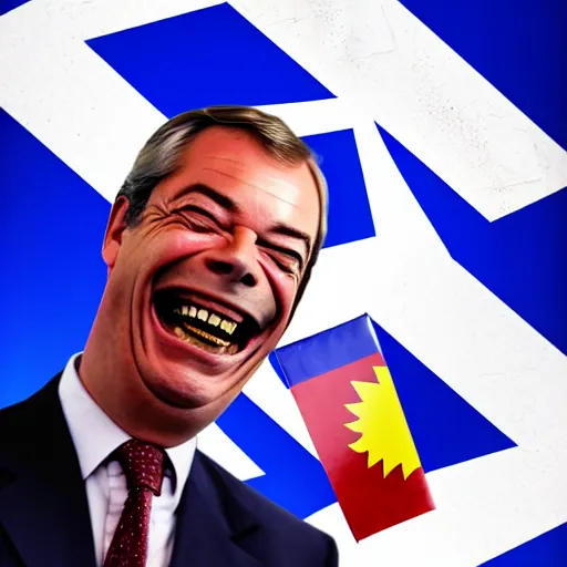 Image similar to nigel farage laughing holding burning eu flag, studio photograph, hd, studio