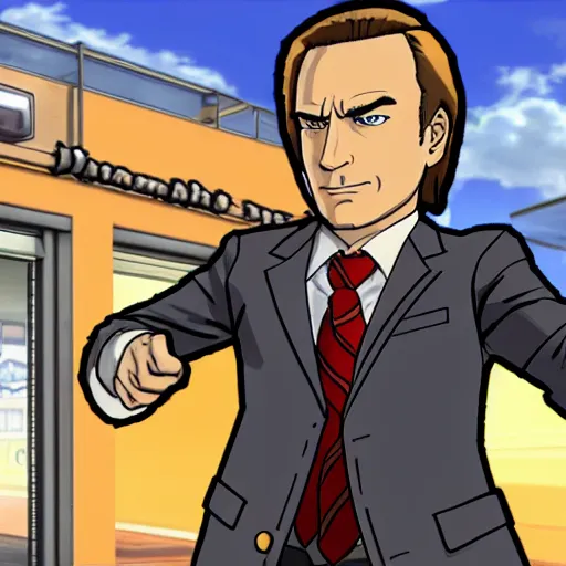 Image similar to saul goodman in the style of pheonix wright ace attorney videogame, objection