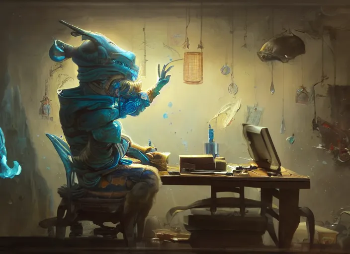 Image similar to an insanely detailed painting of an asian man wearing a homemade superhero costume, sitting at a desk, staring seriously at the computer and typing, in the style of peter mohrbacher, james jean, ruan jia, dramatic lighting and composition, surreal background, octane render, pixar, trending on artstation, concept art, comic book, view from behind, 8 k