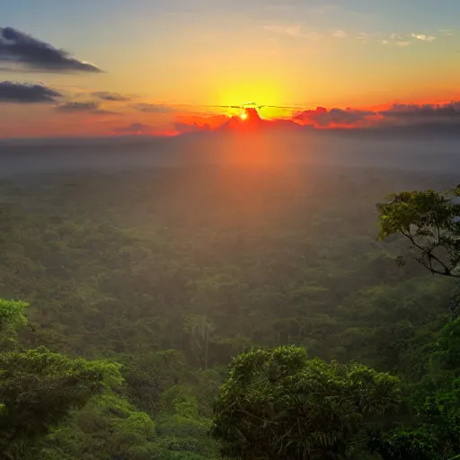 Prompt: Sunrise in the jungle over an ancient Mayan city.