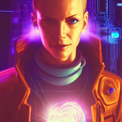 Prompt: a cyberpunk netrunner using a glowing interface, centered in the frame, cyberpunk concept art by Jean Giraud and wlop and artgerm and josan gonzales, digital art, highly detailed, intricate, sci-fi, sharp focus, Trending on Artstation HQ, deviantart, 4K UHD image