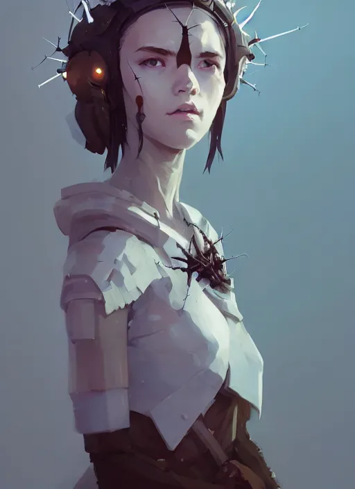 Image similar to portrait of cute gith maiden girl with crown of thorns and white hairs, warhammer, cyberpunk, by atey ghailan, by greg rutkowski, by greg tocchini, by james gilleard, by joe gb fenton, by kaethe butcher, dynamic lighting, gradient light blue, brown, blonde cream and white color in scheme, grunge aesthetic