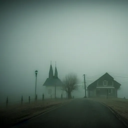 Image similar to creepy town covered in heavy fog with monsters in the distance