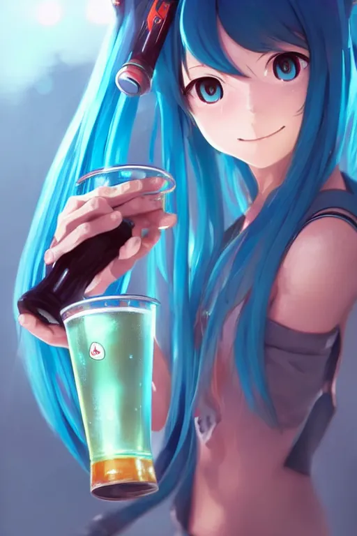 Image similar to Hatsune miku drinking a beer. visibly drunk. sci-fi, modern, colourful!! highly detailed, digital painting, artstation, concept art, sharp focus, illustration, by greg rutkowski