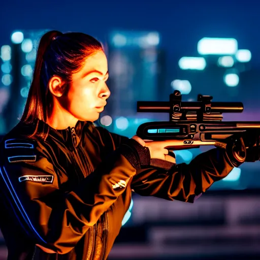 Image similar to photographic portrait of a techwear woman holding a shotgun, closeup, on the rooftop of a futuristic city at night, sigma 85mm f/1.4, 4k, depth of field, high resolution, 4k, 8k, hd, full color, Die Hard, movies with guns, movie firearms