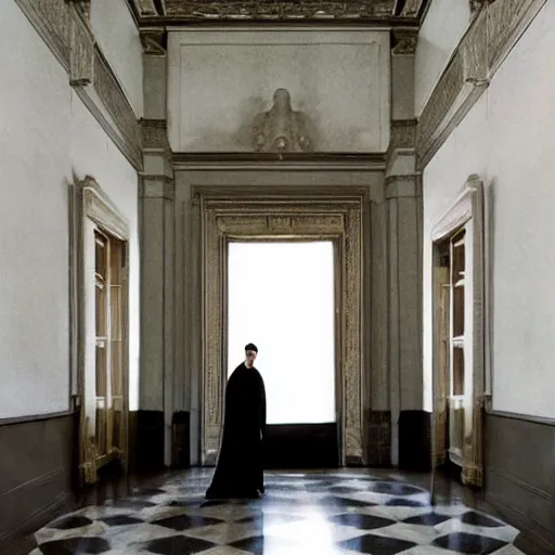 Image similar to Batman standing in giant Italian modern castle living room, clean minimalist design, that is 1300 feet tall, with very tall giant walls filled with modern art paintings, doors that are cosmic portals, photo by Annie Leibovitz