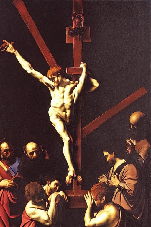 Prompt: elmo on the cross by caravaggio