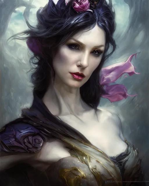 Image similar to daniel gerhartz and artgerm detailed portrait digital rococo painting of a beautiful villainess wearing fantasy clothing like liliana vess, evil mood, hellish battlefield in the background, embers, unreal engine, hyper realism, realistic shading, cinematic composition, blender render, octane render, hdr, detailed textures, photorealistic, ultrawide shot, 3 5 mm film