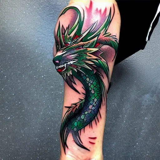 Image similar to simple anime manga full color dragon!! Emerald and obsidian dragon, forearm tattoo, tattoo