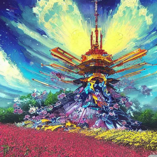 Image similar to a beautiful painting of a large gundam shrine shrouded by mystic nebula magic in a field of flowers by moebius and android jones