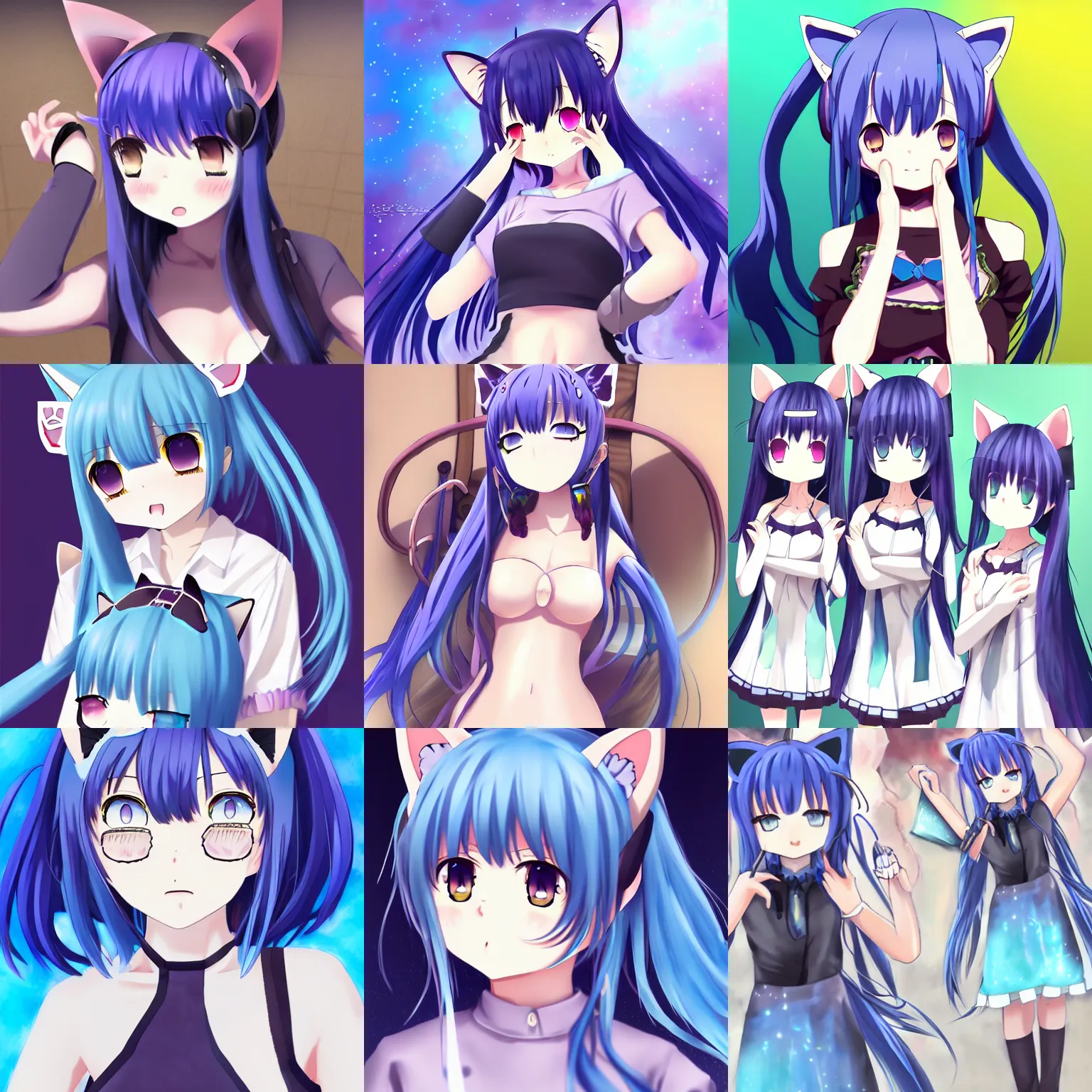 Prompt: nekopara vn modern anime style art blue hair detailed cat ears and eyes cat girl nekomimi dress vibrant nebula sky smiling shinkai makoto Studio ghibli Sakimichan Kentaro Miura