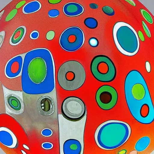 Prompt: chrome spheres on a red cube by norval morrisseau