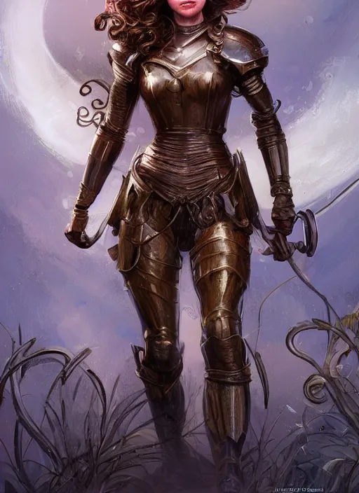 Image similar to beautiful female dorothy gale, rebecca romijn as dorothy, full body character concept, covered in full iron armor, armor plating, art nouveau, super powers, fantasy, intricate, elegant, highly detailed, digital painting, artstation, concept art, shining, sharp focus, illustration, art by stanley lau