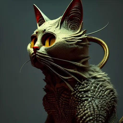 Prompt: cat creature, studio : : by michal karcz, daniel merriam, victo ngai and guillermo del toro : : ornate, dynamic, particulate, intricate, elegant, highly detailed, centered, artstation, smooth, sharp focus, octane render, 3 d