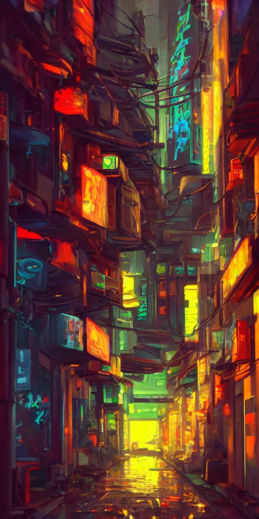 Image similar to cyberpunk alley!! oil painting, 8 k, sharp edges, blender,