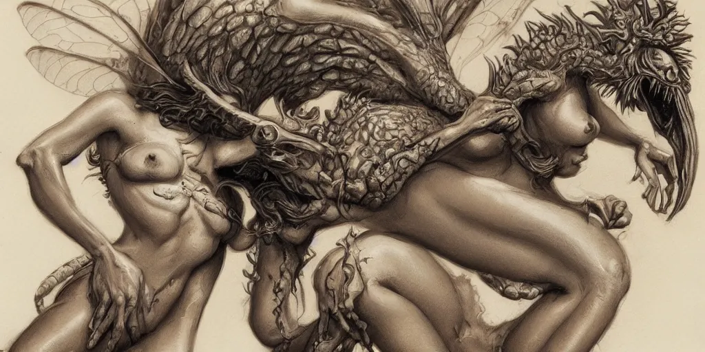 Prompt: Chimera of a woman and dragonfly in the style of Boris Vallejo, intricate, highly detailed, concept art, smooth, sharp focus