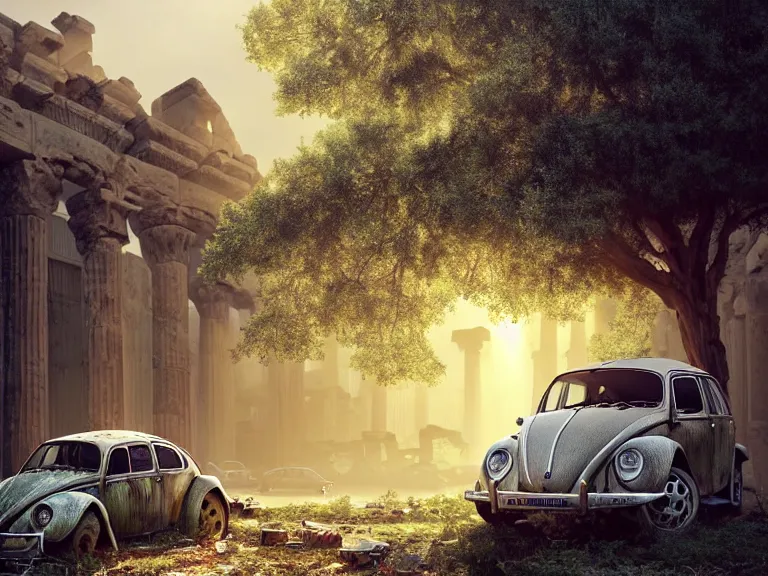 Image similar to a tree growing on a scrap vw beetle in ancient greek ruins, gray wasteland, many scrap cars, overgrown, pillars and arches, vines, hyperrealistic, highly detailed, cinematic, ray of golden sunlight, beautiful, cgsociety, artstation, 8 k, oil painting by greg rutkowski, by artgerm, by wlop