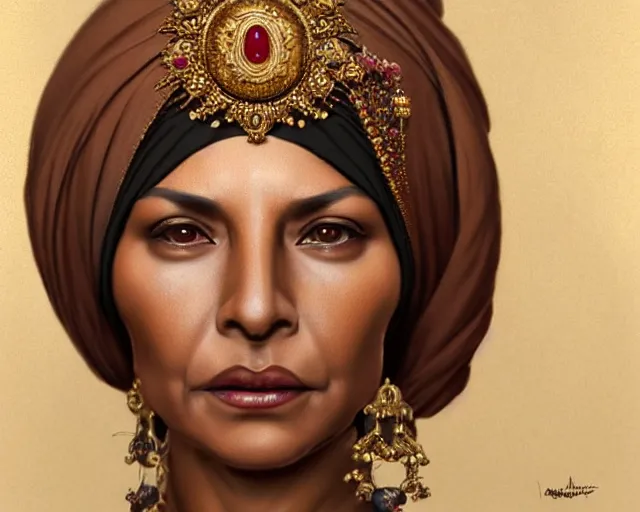 Prompt: mindblowing portrait of an elegant tan woman in her 5 0 s, ornate turban, brown eyes, ruby and gold jewelry, screaming, deep focus, symmetrical face, d & d, fantasy, intricate, highly detailed, artstation, concept art, matte, sharp, illustration, hearthstone, digital painting by artgerm, greg rutkowski, alphonse mucha