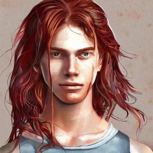 Image similar to portrait of a teen boy with long red hair and a lot of freckles and muscular, intricate, highly detailed, digital painting, artstation, sharp focus, illustration