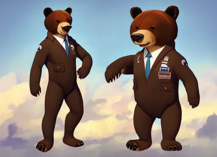 Image similar to character portrait feature of the anthro male anthropomorphic kamchatka brown bear fursona wearing airline pilot outfit uniform professional pilot for delta airlines character design stylized by charlie bowater, ross tran, artgerm, and makoto shinkai, detailed, soft lighting, rendered in octane