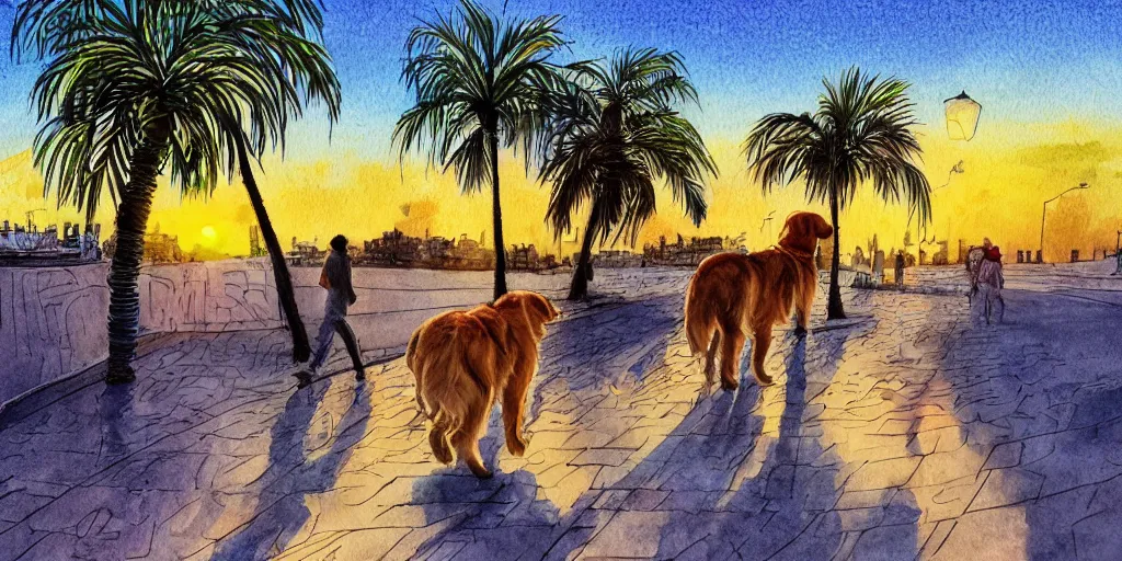 Image similar to golden retriever dog walking in tel aviv street looking at the camera. palm trees. sunset. high quality. digital art. watercolor. highly detailed. drawing. art. colorful. fluffy