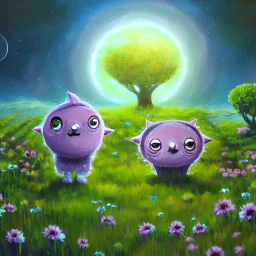 Image similar to cute fluffy aliens with big eyes and big ears in field of weird luminescent flowers and succulent trees detailed oil painting 4 k